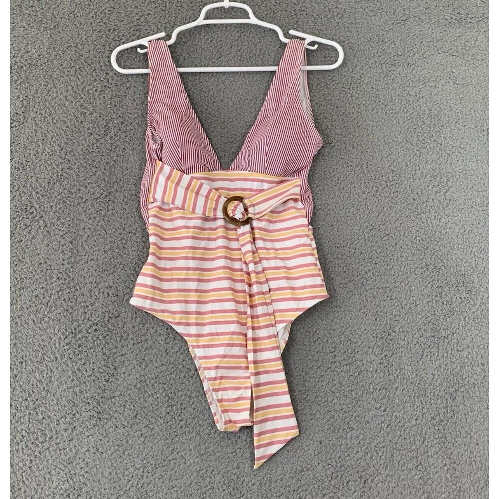 Women's Striped Monokini Deep V Neck O Ring Belt Open Back Swimwear Size Small